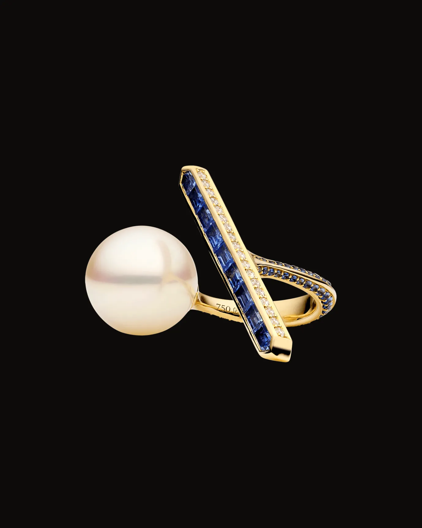 Rings^Paspaley Blue Sapphire Bollard Split Pearl Ring | 14mm Semi Round Pearl, Blue Sapphire, and Yellow Gold YellowGold