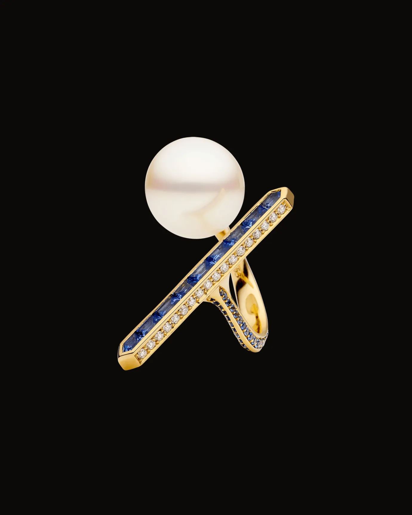 Rings^Paspaley Blue Sapphire Bollard Split Pearl Ring | 14mm Semi Round Pearl, Blue Sapphire, and Yellow Gold YellowGold
