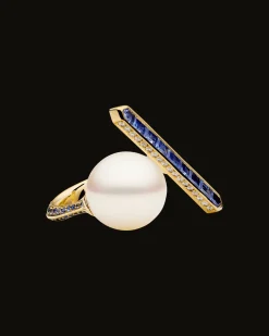 Rings^Paspaley Blue Sapphire Bollard Split Pearl Ring | 14mm Semi Round Pearl, Blue Sapphire, and Yellow Gold YellowGold