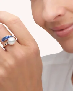 Rings^Paspaley Blue Sapphire Touchstone Pearl Ring | 9mm Oval Pearl, Blue Sapphires, and White Gold WhiteGold