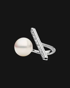 Rings^Paspaley Diamond Bollard Split Pearl Ring | 14mm Semi-Round Pearl, Diamond, and White Gold WhiteGold