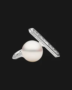 Rings^Paspaley Diamond Bollard Split Pearl Ring | 14mm Semi-Round Pearl, Diamond, and White Gold WhiteGold