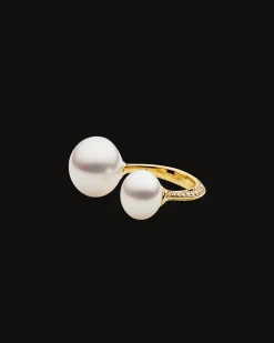 Rings^Paspaley Diamond Double Pearl Split Ring | 11-13mm Button Pearls, Diamond, and Yellow Gold YellowGold