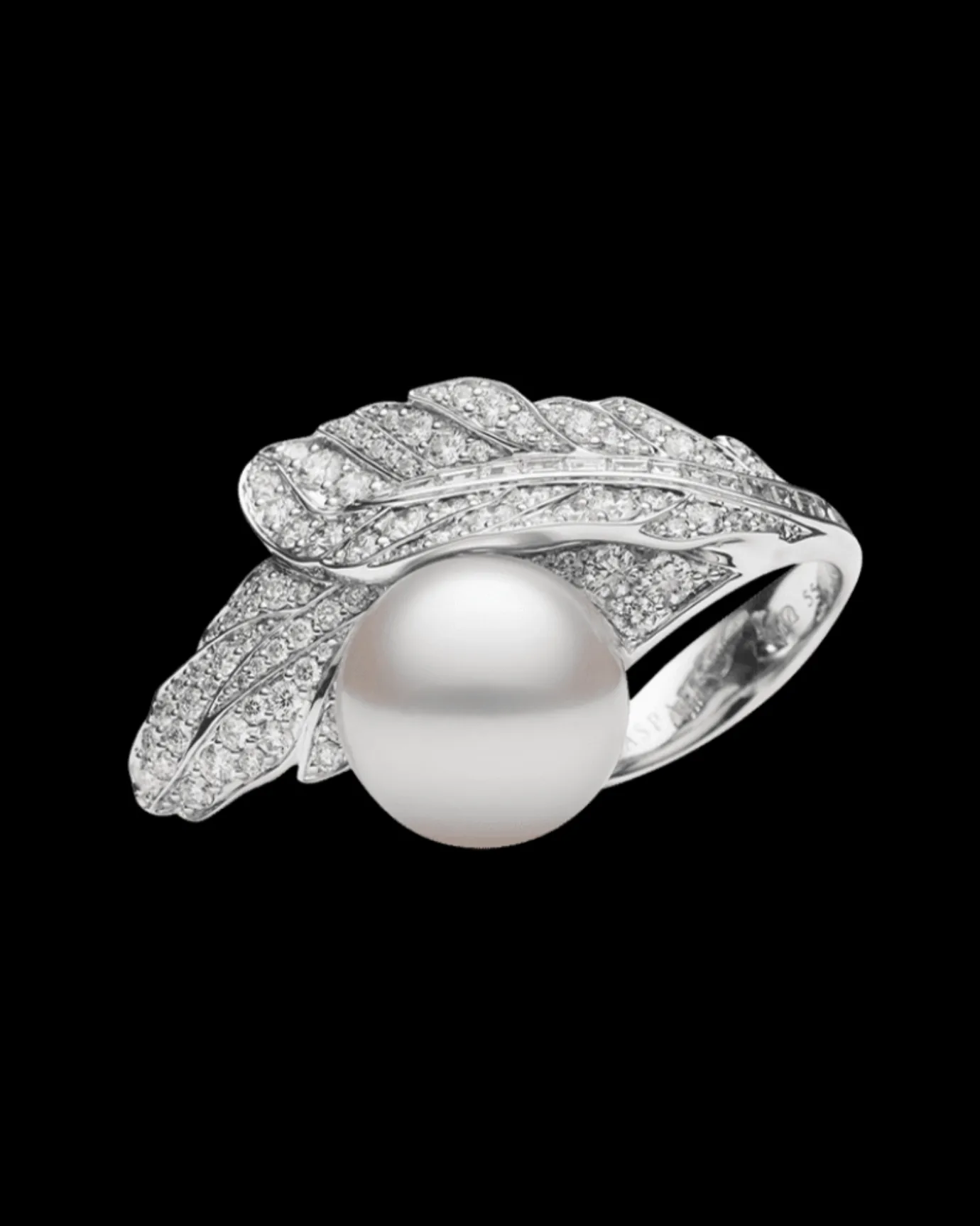 Rings^Paspaley Night Bird Feather Pearl Ring | 15mm Round Pearl, Diamonds, and White Gold WhiteGold
