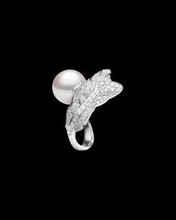 Rings^Paspaley Night Bird Feather Pearl Ring | 15mm Round Pearl, Diamonds, and White Gold WhiteGold