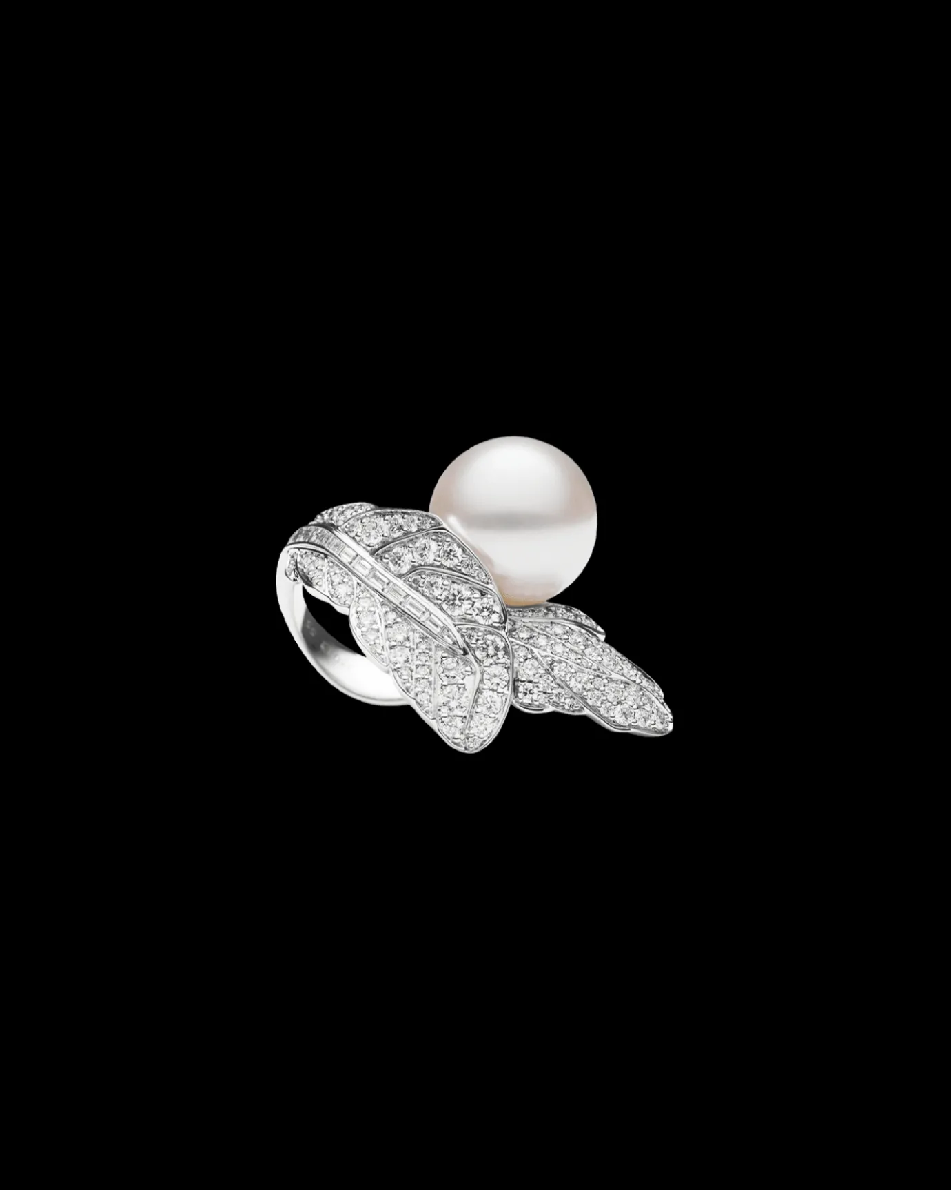 Rings^Paspaley Night Bird Feather Pearl Ring | 15mm Round Pearl, Diamonds, and White Gold WhiteGold