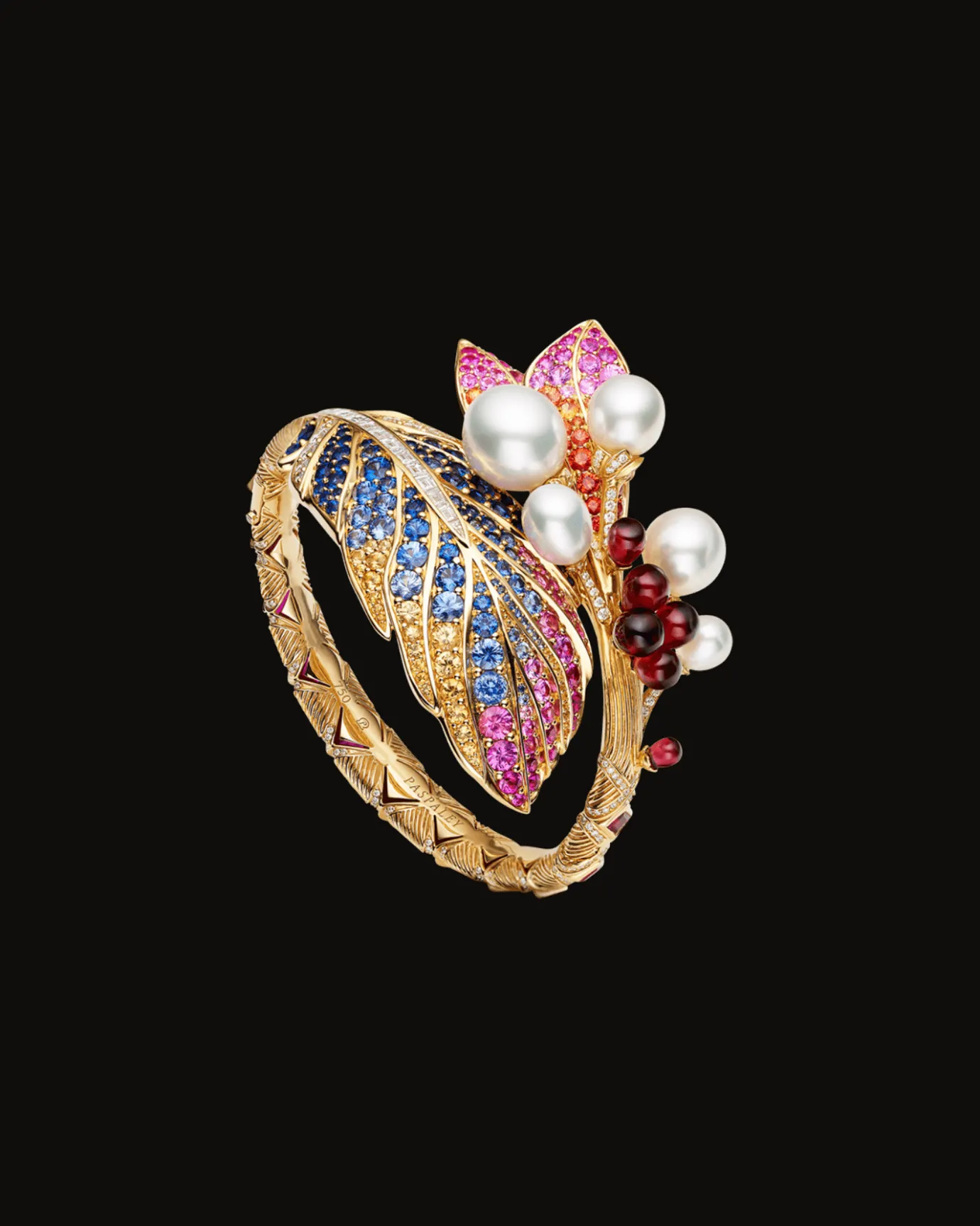 Bracelets^Paspaley Song Bird Single Feather Cuff | Drop Pearls, Gemstones, and Yellow Gold YellowGold